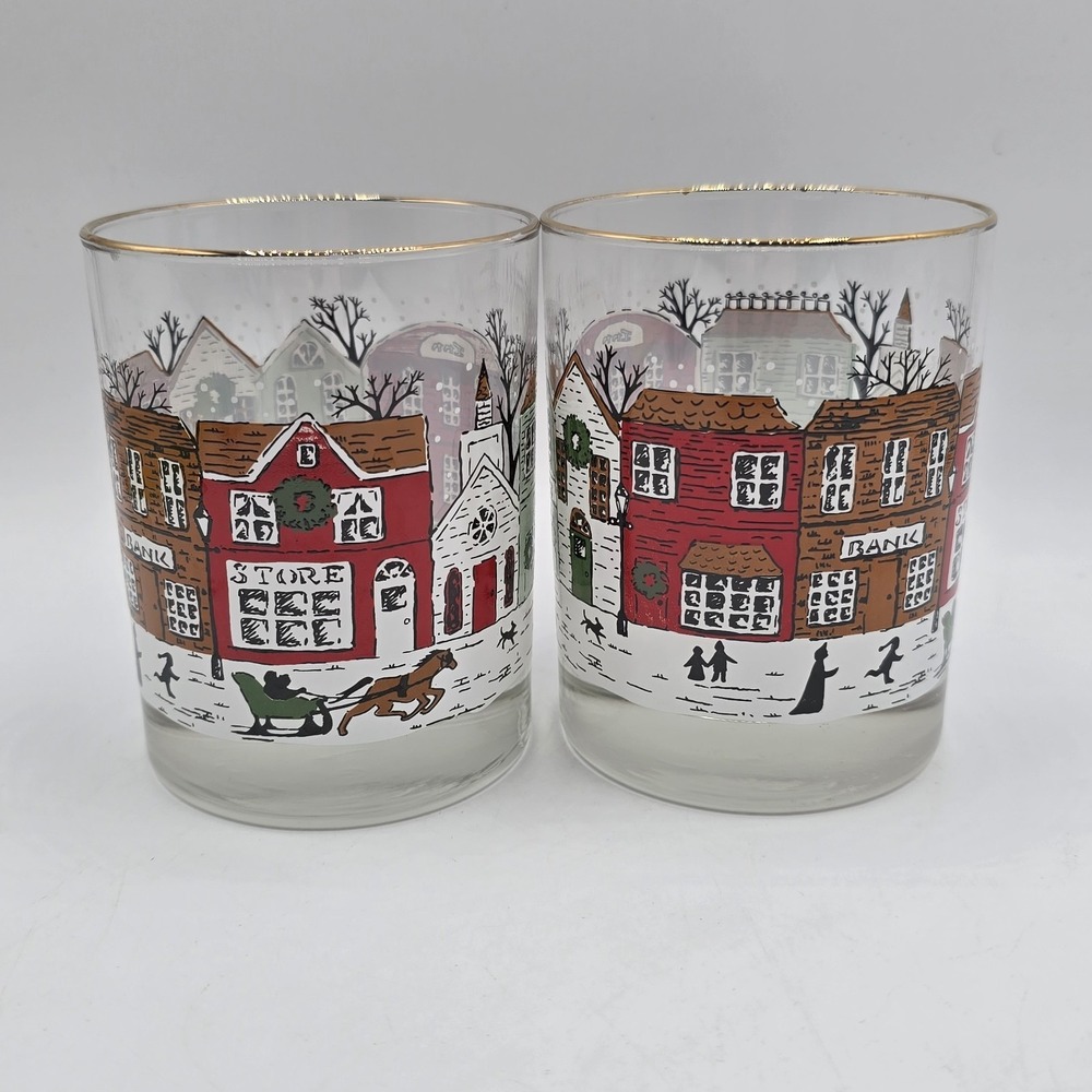 (2)‎ Christmas Village Snow Winter Scene Vtg Old Fashion Glasses-Libbey
